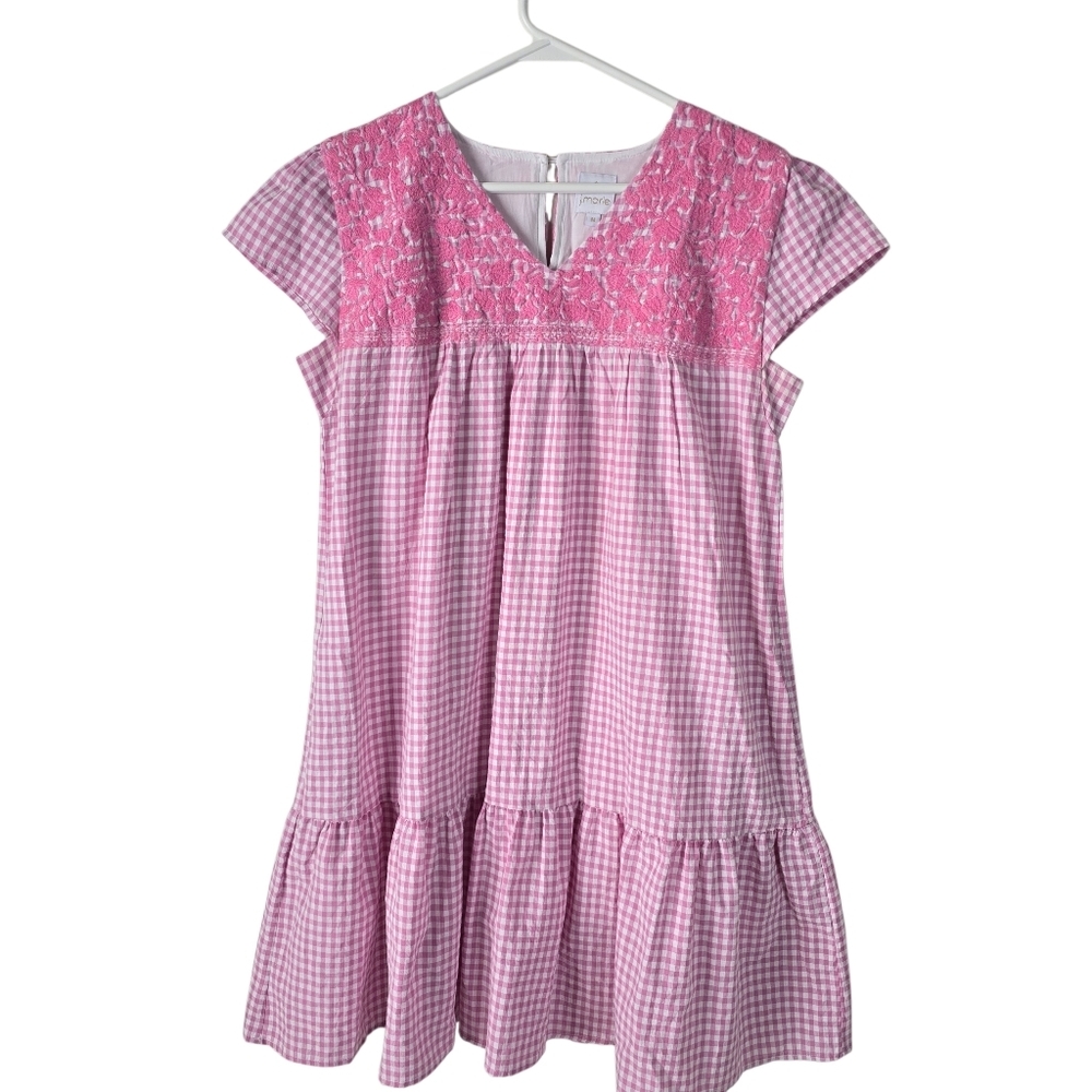 J. Marie Angelina Pink Embroidered Gingham Cotton Tiered Dress Size M Pockets